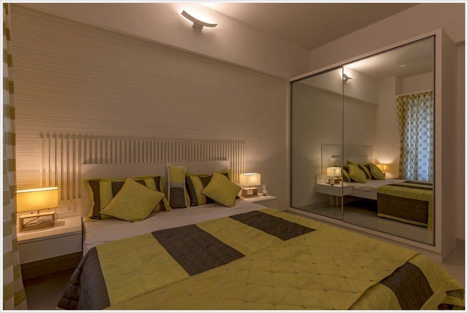 Bedroom-incorporating-Wooden-Double-Bed-Wall-Mounted-Side-Tables-with-Table-Lamp-2 Design Detail Banner 1