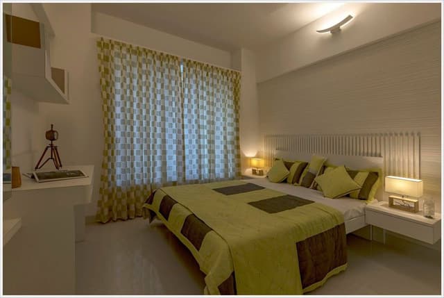 Bedroom-incorporating-Wooden-Double-Bed-Wall-Mounted-Side-Tables-with-Table-Lamp-3 Swiper Content 2