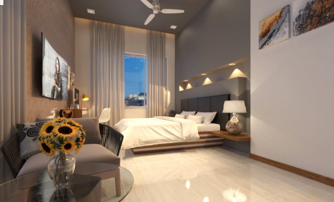 Bedroom-incorporating-Wooden-Double-Bed-with-Wooden-Stripes-Storage-Headboard-with-Niche-highlighted-with-Spot-Lights-above-the-Upholstered-Back-Rest-Wall-Mounted-Wooden-Shelf-TV-Unit Design Detail Banner 0