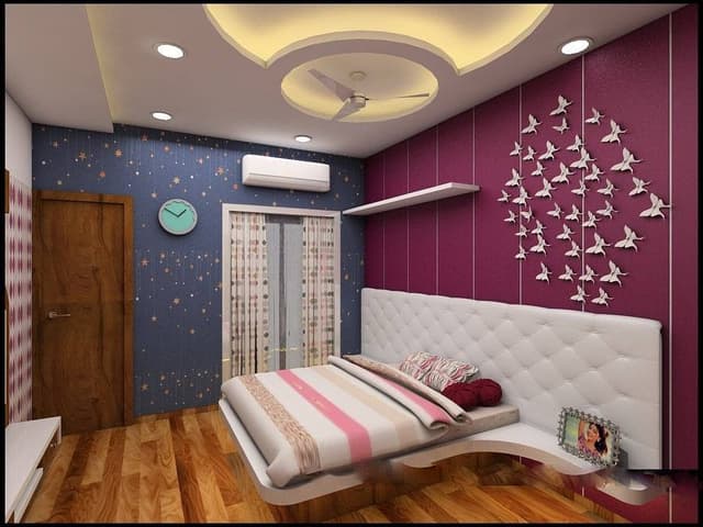 Bedroom-with-Wooden-Bed-attached-Side-Tables-in-White-High-Tufted-Headboard-Bed-backwall-Painted-in-a-Maroon-Colour-highlighted-with-Wall-decor-1 Swiper Content 0