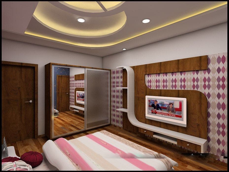 Bedroom-with-Wooden-Bed-attached-Side-Tables-in-White-High-Tufted-Headboard-Bed-backwall-Painted-in-a-Maroon-Colour-highlighted-with-Wall-decor-2 Design Detail Banner 1