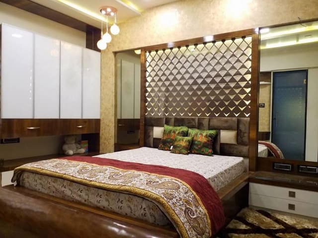 Bedroom-with-Wooden-Double-Bed-Tufted-Velvet-Upholstered-Headboard-Bed-Back-Wall-with-Wallpaper Swiper Content 0