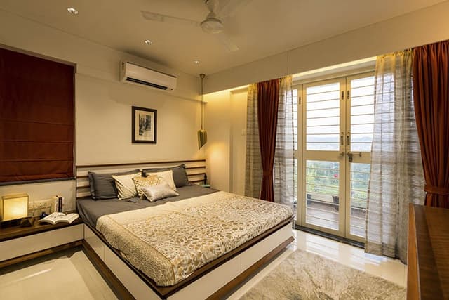 Bedroom-with-Wooden-Double-Bed-Wooden-Strip-Headboard-Linear-Wooden-Side-Table-with-Cube-Table-Lamp-Window Swiper Content 0