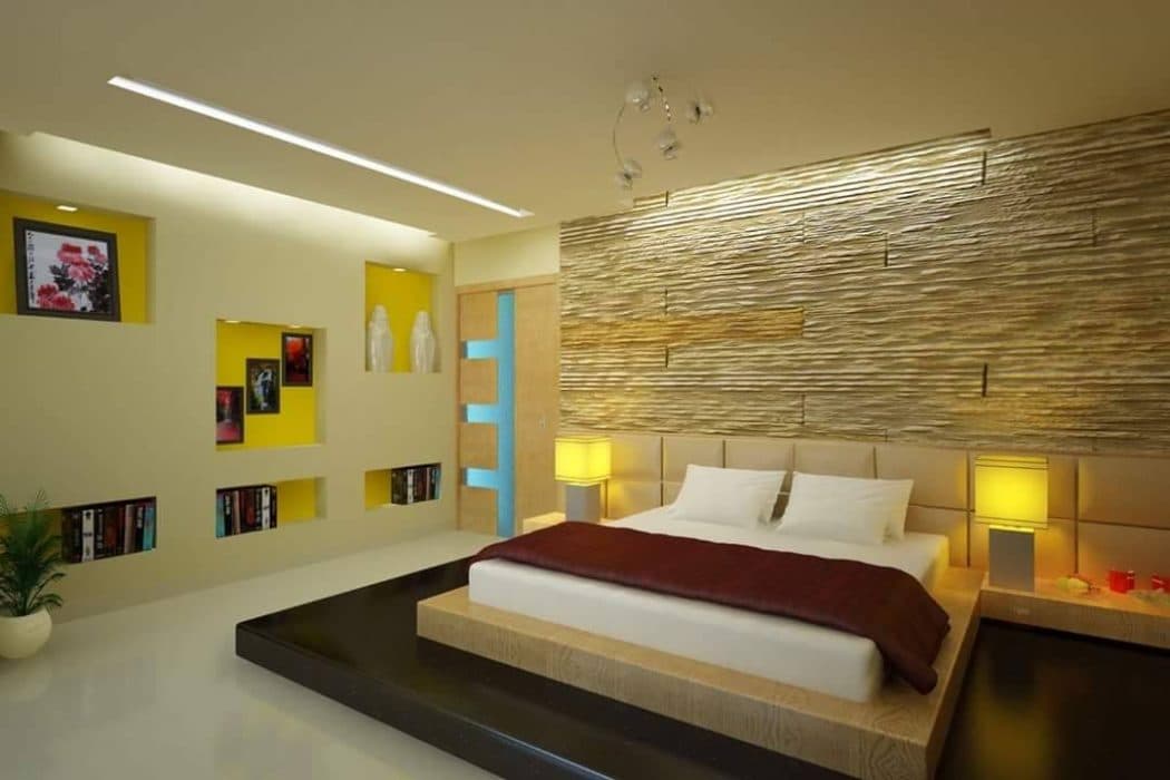 Bedroom-with-Wooden-Double-Bed-on-Raised-Wooden-Flooring-Wall-Mounted-Side-Tables-with-Table-Lamp Design Detail Banner 0