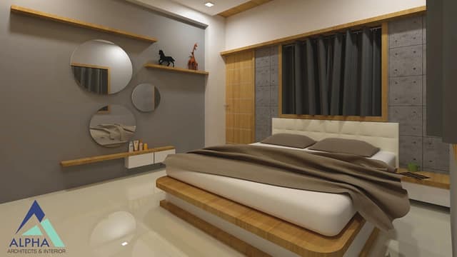 Bedroom-with-Wooden-Double-Bed-with-Curved-Edges-Storage-below-Wooden-Side-Tables-Tufted-Upholstered-Headboard-Bed-Back-Wall-with-Window-having-Thick-Wooden-Frame Swiper Content 0