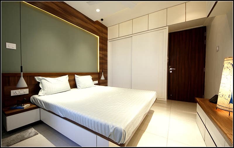 Bedroom-with-Wooden-Double-Bed-with-Storage-below-Wooden-Side-Tables-Bed-Back-Wall Bedroom with Wooden Double