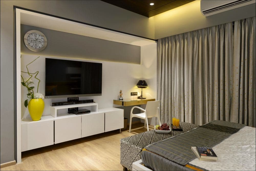 Bedroom-with-Wooden-Flooring-comprises-of-Wooden-Double-Bed-with-Storage-below-Wooden-Side-Tables-on-Wall-Mounted-Wooden-Shelf-2 Bedroom with Wooden Flooring