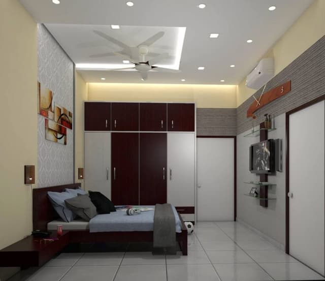 Bedroom-with-Wooden-Platform-Bed-with-attached-Side-Tables-with-Wall-Lights-Niche-in-a-Bed-backwall-at-Bed-area-with-a-White-Large-Patterned-Wallpaper Swiper Content 0