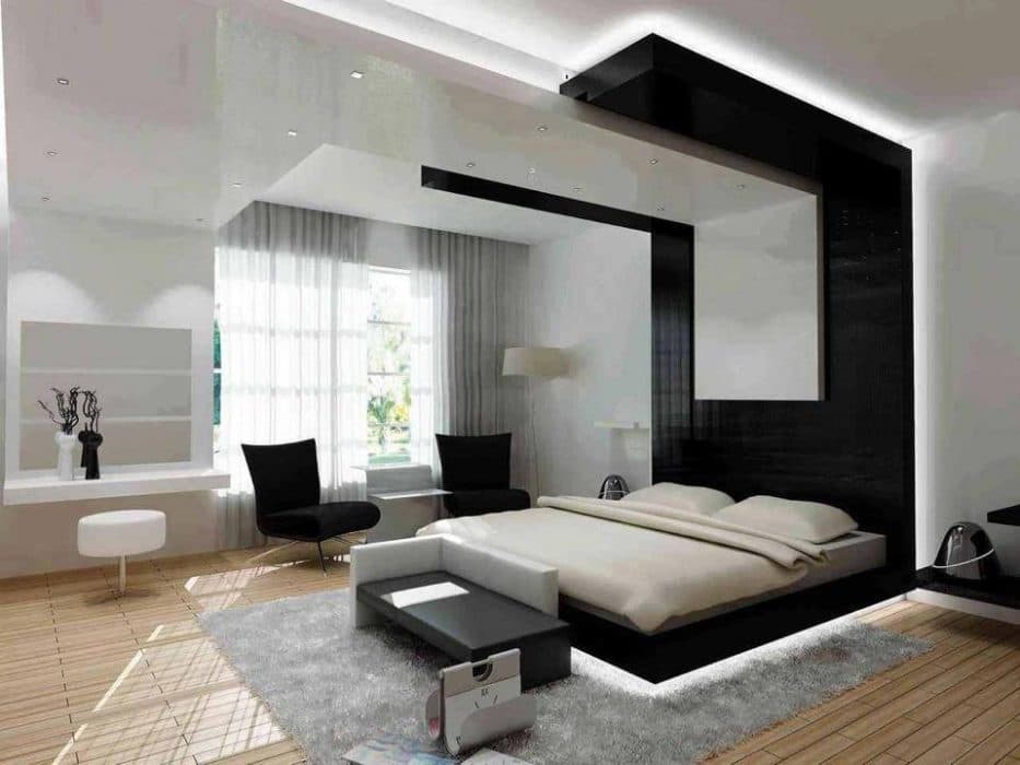 Black-White-Themed-Bedroom-designed-with-Wooden-Bed-Headboard-design-extended-upto-Ceiling-Bed-end-Bench-Grey-Fur-Rug Design Detail Banner 0