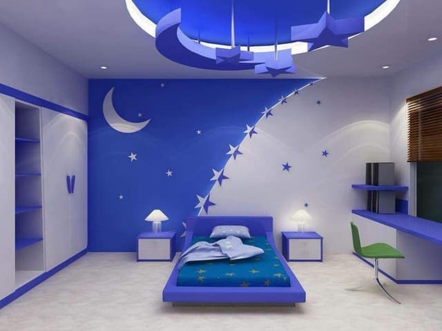 Blue-Themed-Childrens-Bedroom-incorporating-Blue-Platfrom-Bed-Blue-Framed-Side-Tables-with-Table-Lamps-on-it. Swiper Content 0