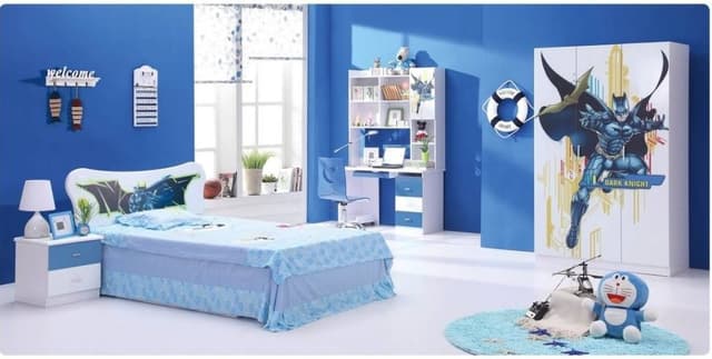 Blue-Themed-Childrens-Bedroom-incorporating-Single-Bed-with-Bat-Man-Themed-Headboard Swiper Content 0