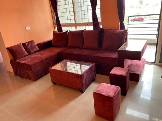 Bumper-Chaise-Modular-Sectional-Sofa-Set-in-Maroon-Colour-with-Velvet-Upholstery. Swiper Content 0