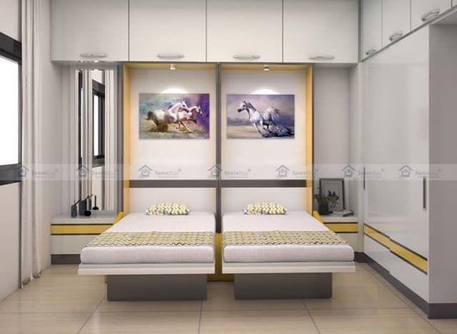 Childrens-Bedroom-accommodating-2-Wall-Mounted-convertible-Murphy-Single-Beds. Swiper Content 0