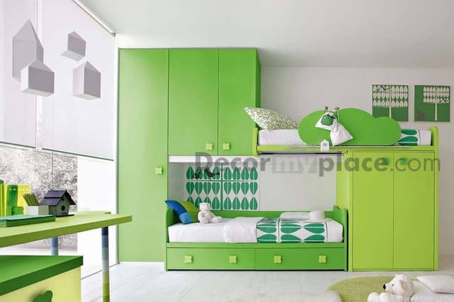 Childrens-Bedroom-accommodating-Green-Coloured-Bunk-Bed-with-Wardrobe Swiper Content 0