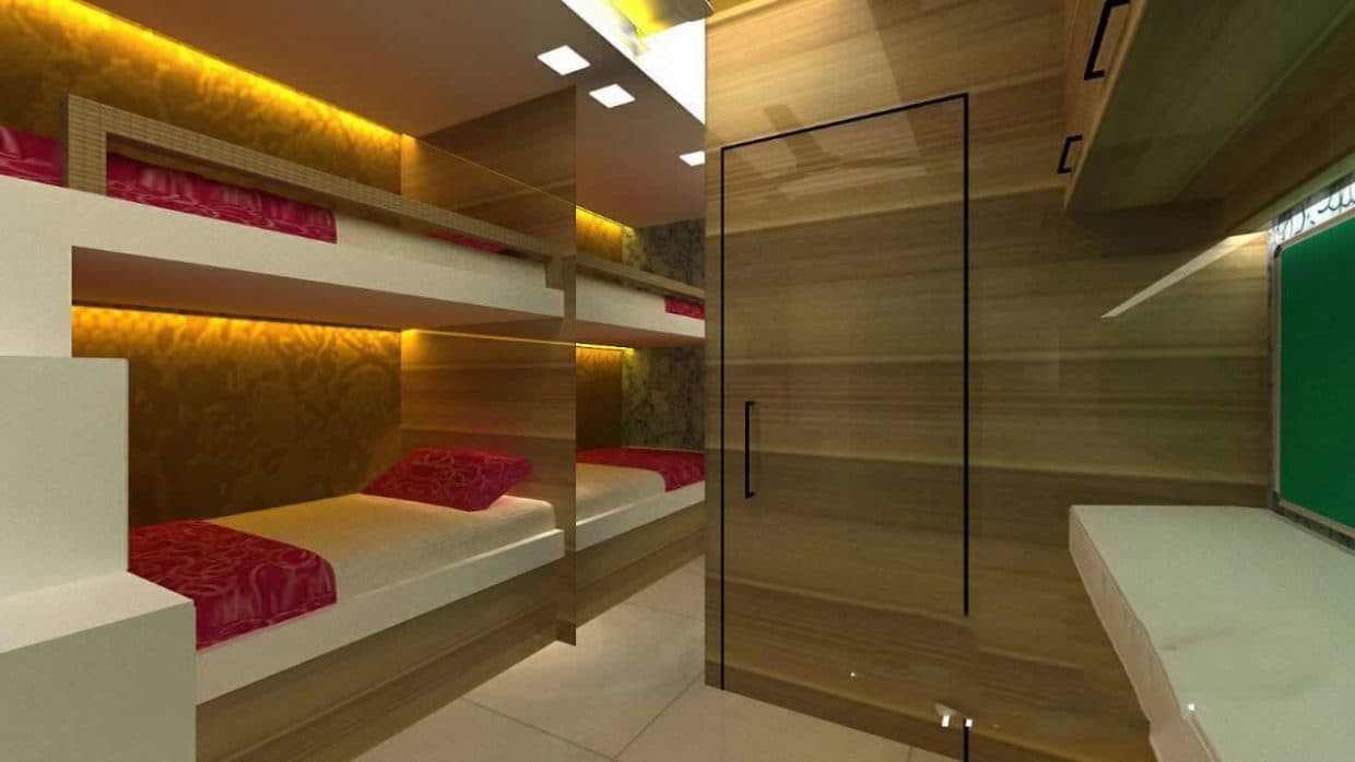 Childrens-Bedroom-accommodating-Wooden-Bunk-Bed-with-a-Mirror-adjoining-the-Bed-giving-a-Small-Room-a-Large-Effect-Cove-Lighting-highlighting-the-Textured-Wall-on-the-Bunk-Bed. Design Detail Banner 0