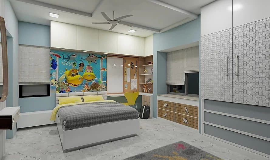 Childrens-Bedroom-designed-in-Theme-of-White-Grey-Blue-accommodating-Wooden-Bed-1 Design Detail Banner 0