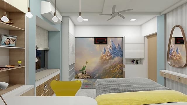 Childrens-Bedroom-designed-in-Theme-of-White-Grey-Blue-accommodating-Wooden-Bed-2-1 Children's Bedroom