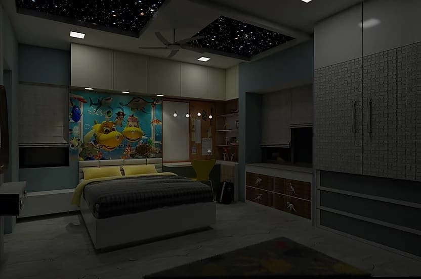 Childrens-Bedroom-designed-in-Theme-of-White-Grey-Blue-accommodating-Wooden-Bed-3 Childrens Bedroom