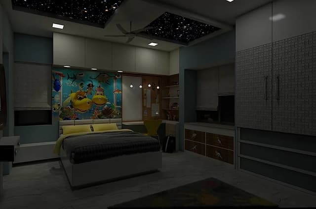 Childrens-Bedroom-designed-in-Theme-of-White-Grey-Blue-accommodating-Wooden-Bed-3 Childrens Bedroom