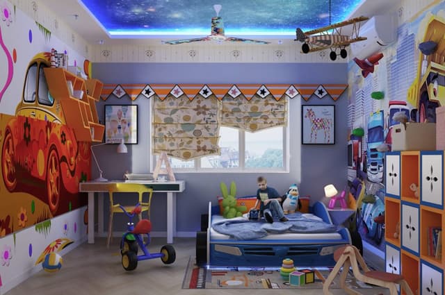 Childrens-Bedroom-incorporating-Car-Shaped-Bed-Rug-Study-Table-with-Adjustable-Arm-Table-Lamp-and-Wall-Mounted-Orange-Shelves-of-Various-Shapes. Swiper Content 0
