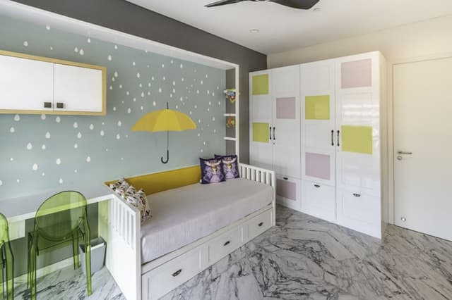 Childrens-Bedroom-incorporating-Traditional-Wooden-Single-Bed-with-Storage-below-Recessed-Lights-above-2 Swiper Content 1