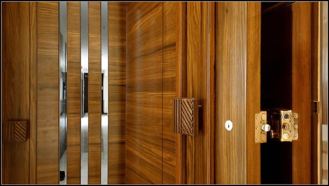 Combination-of-Entrance-Wooden-Doors-highlighted-with-Vertical-Groove-Wooden-Handle-2 Combination of Entrance Wooden Doors