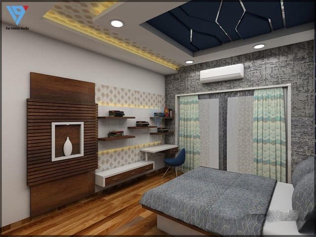 Contemporary-Bedroom-design-with-a-Wooden-Bed-Attached-Side-Tables-Bed-Backwall-Paneled-in-a-Zig-Zag-Line-with-Grooves-as-Transparent-Glass-Study-Table-3 Swiper Content 2