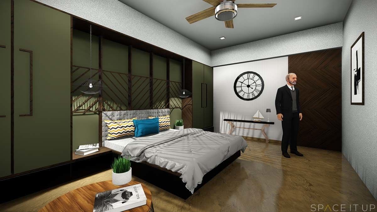 Contemporary-Bedroom-designed-with-Wooden-Double-Bed-attached-Side-Table-in-a-Center-Openable-Wardrobes-on-both-sides Design Detail Banner 0