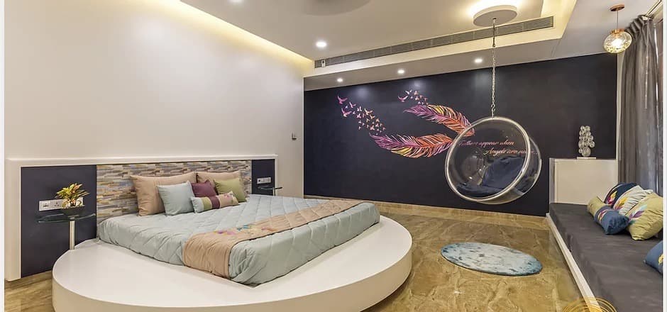 Contemporary-Designed-Bedroom-accommodating-Round-Wooden-Low-Heighted-Bed-2 Design Detail Banner 1