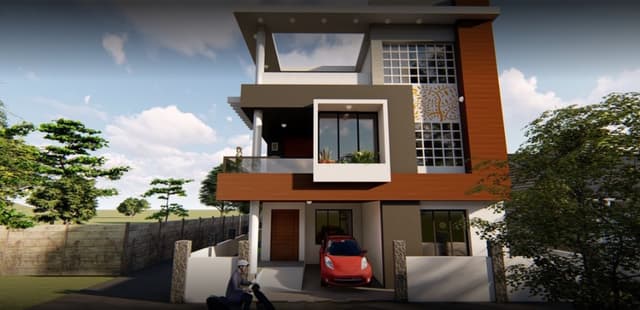 Contemporary-Designed-Bungalow-with-Flat-Roof-Glazed-Railing-for-the-Balcony-Box-Window-with-Plants Swiper Content 0