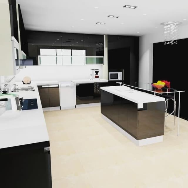 Contemporary-L-Shaped-Kitchen-Layout-looks-Elegant-in-White-Black-Theme-with-Breakfast-Island.-1 Swiper Content 0