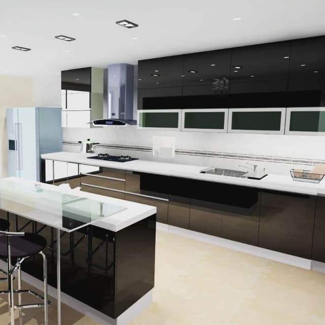 Contemporary-L-Shaped-Kitchen-Layout-looks-Elegant-in-White-Black-Theme-with-Breakfast-Island.-2 Swiper Content 1