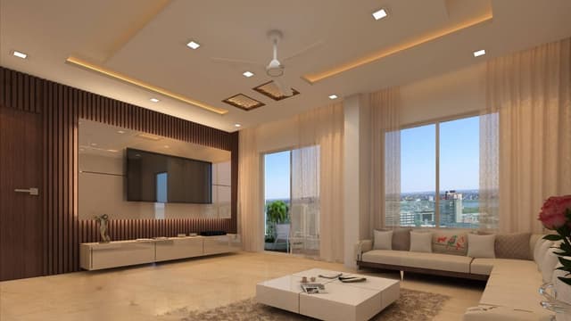 Contemporary-Living-Room-accommodating-L-shaped-Off-white-coloured-Sofa-with-cushions Swiper Content 1