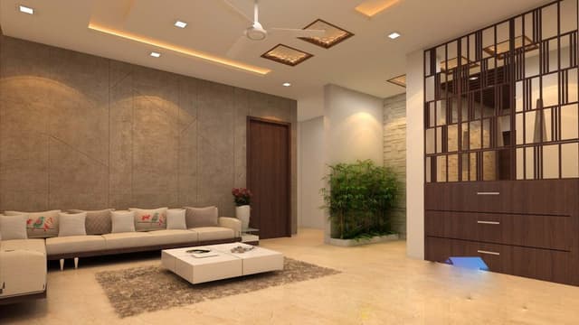 Contemporary-Living-Room-accommodating-L-shaped-Off-white-coloured-Sofa-with-cushions. Swiper Content 0