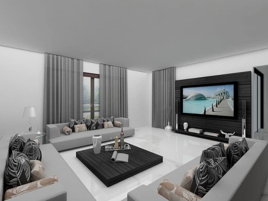Contemporary-Living-Room-designed-with-Square-Armed-Grey-Coloured-Sofa-Set-Printed-Black-Cushions-1 Design Detail Banner 1