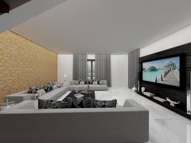 Contemporary-Living-Room-designed-with-Square-Armed-Grey-Coloured-Sofa-Set-Printed-Black-Cushions-2 Swiper Content 2