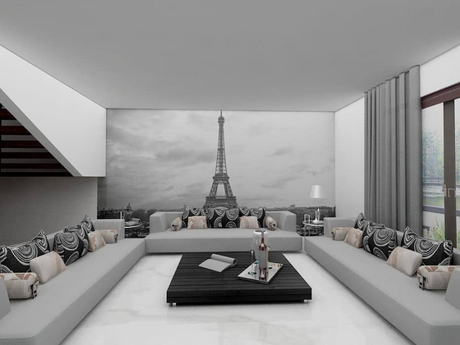 Contemporary-Living-Room-designed-with-Square-Armed-Grey-Coloured-Sofa-Set-Printed-Black-Cushions Design Detail Banner 0