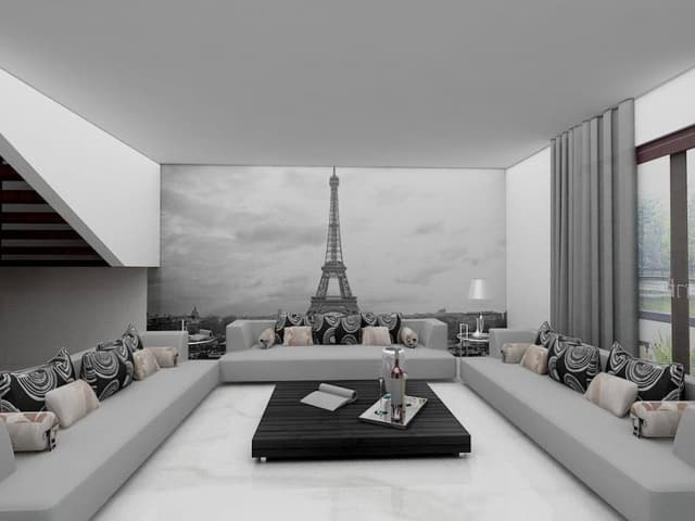 Contemporary-Living-Room-designed-with-Square-Armed-Grey-Coloured-Sofa-Set-Printed-Black-Cushions Swiper Content 0