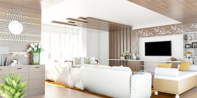 Contemporary-Living-Room-designed-with-Square-Armed-Sofa-Wooden-Coffee-Table-Wall-mounted-T.V.-Unit-with-Linear-Wall-Shelves-2 Swiper Content 1