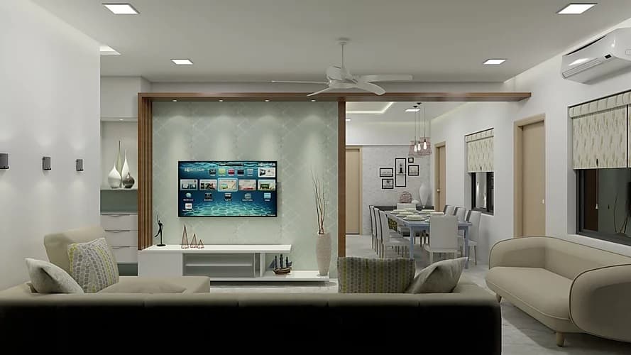 Contemporary-Living-Room-incorporating-Square-Armed-Tuxedo-Sofa-Coffee-Table-Wall-mounted-TV-Unit. Contemporary Living Room