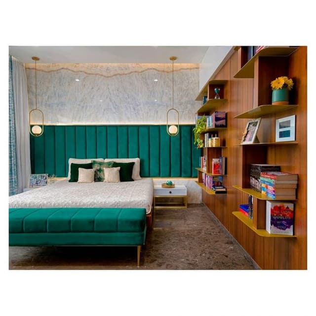 Contemporary-Styled-Bedroom-with-Wooden-Double-Bed-with-Storage-below-Green-Velvet-Upholstered-Channel-Tufted-End-Of-Bed-Bench-1 Swiper Content 0
