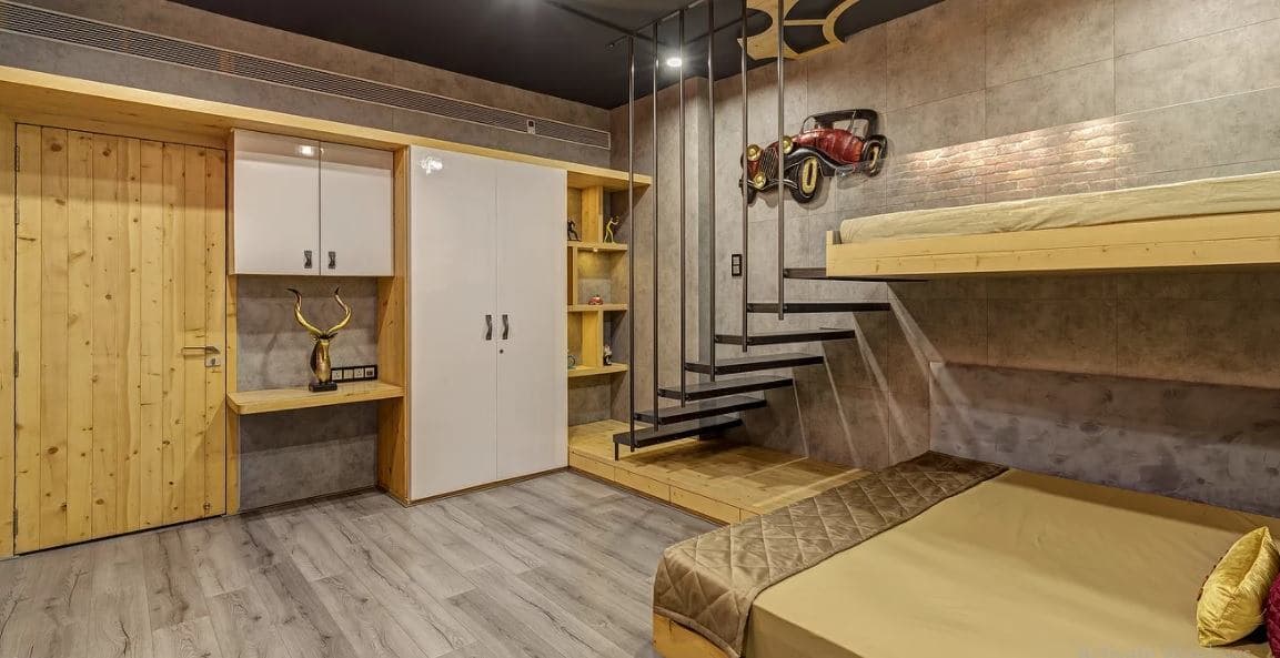 Contemporary-Styled-Childrens-Bedroom-with-Wooden-Flooring-accomodates-Wooden-Bunk-Bed-with-Suspended-Metal-Stairs-1 Design Detail Banner 0