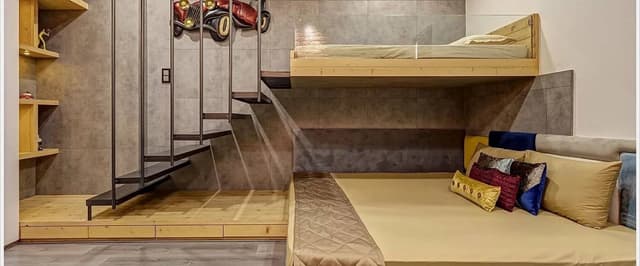 Contemporary-Styled-Childrens-Bedroom-with-Wooden-Flooring-accomodates-Wooden-Bunk-Bed-with-Suspended-Metal-Stairs-2 Swiper Content 1