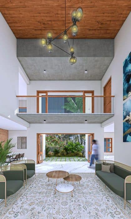 Contemporary-Styled-Double-Heighted-Living-Room-open-to-Home-Garden-incorporates-Green-Shaded-Cushioned-Wooden-Sofa-Set Design Detail Banner 0