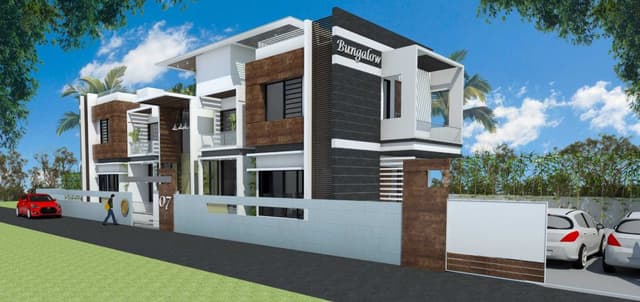 Contemporary-Styled-Twin-Bungalows-with-Staircase-Cabin-in-Center-highlighted-with-Hanging-Pendant-Lights-Cantilevered-Slabs-on-Terrace-2 Swiper Content 1