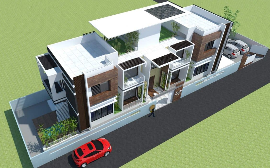 Contemporary-Styled-Twin-Bungalows-with-Staircase-Cabin-in-Center-highlighted-with-Hanging-Pendant-Lights-Cantilevered-Slabs-on-Terrace-3 Design Detail Banner 2