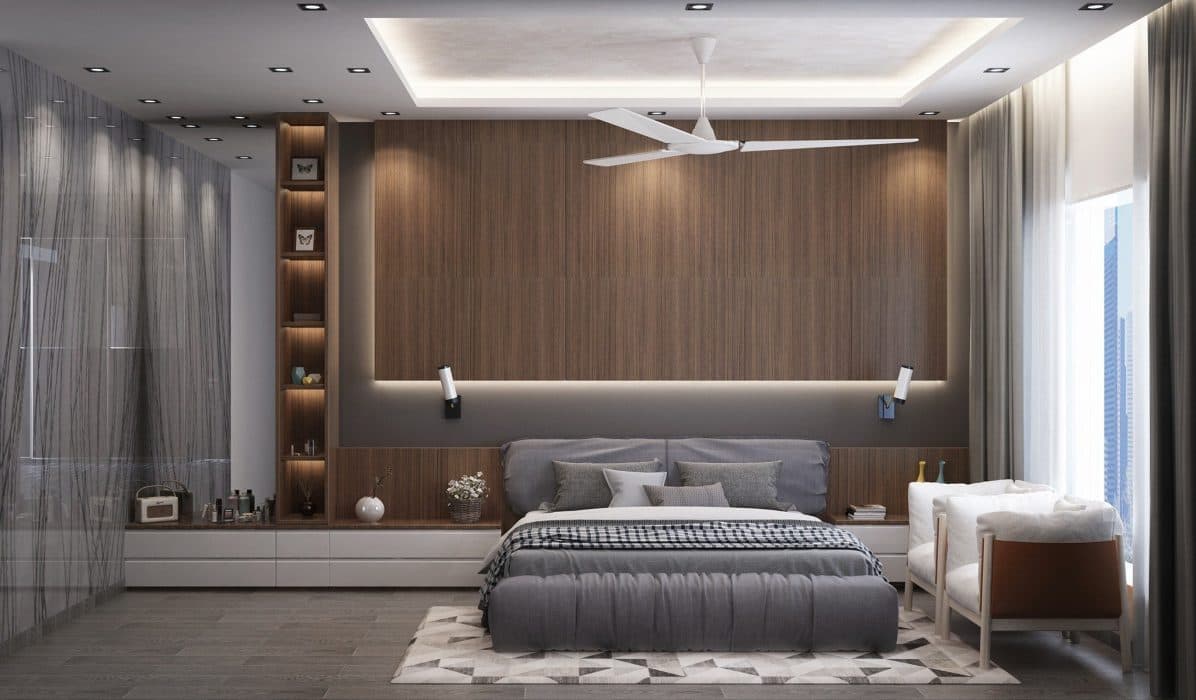 Contemporary-Theme-in-Bedroom-comprising-Upholstered-Bed-Linear-Side-Tables-Bed-Backwall-with-Cove-Lighting-in-the-backdrop-with-Box-Wall-Shelves-in-a-Vertical-alignment-Sofa-Chairs Design Detail Banner 0