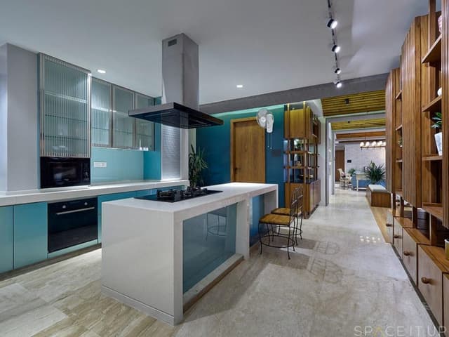 Contemprorary-Styled-Blue-Themed-Kitchen-with-Island-Kitchen-having-Built-in-Stove-with-Chimney Swiper Content 0