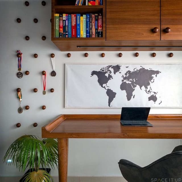 Designer-Solid-Wood-Study-Table-with-Tapering-Wooden-Legs-Wall-Mounted-Wooden-Storage-Cabinet Swiper Content 0