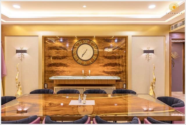 Dining-Room-incorporating-10-Seater-Wooden-Resin-Dining-Table-Pink-Violet-Coloured-Semi-Circular-Tufted-Upholstered-Dining-Chairs Swiper Content 0